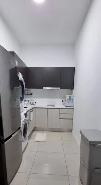 Laundry features: black stainless-steel fridge, front-load washing machine, front-load dryer, white cabinetry, grey laminate countertop, built-in sink, tile flooring, recessed ceiling lights, white painted walls; style: modern.