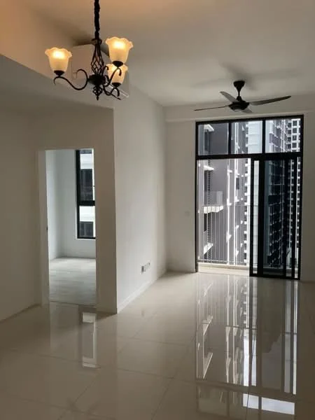 Living features: white painted walls, glossy ceramic tile flooring, 5-blade ceiling fan, chandelier with multiple lights, floor-to-ceiling windows, sliding glass door, natural light from windows, open layout; style: modern; view: city. Room features: white painted walls, glossy ceramic tile flooring, floor-to-ceiling windows.