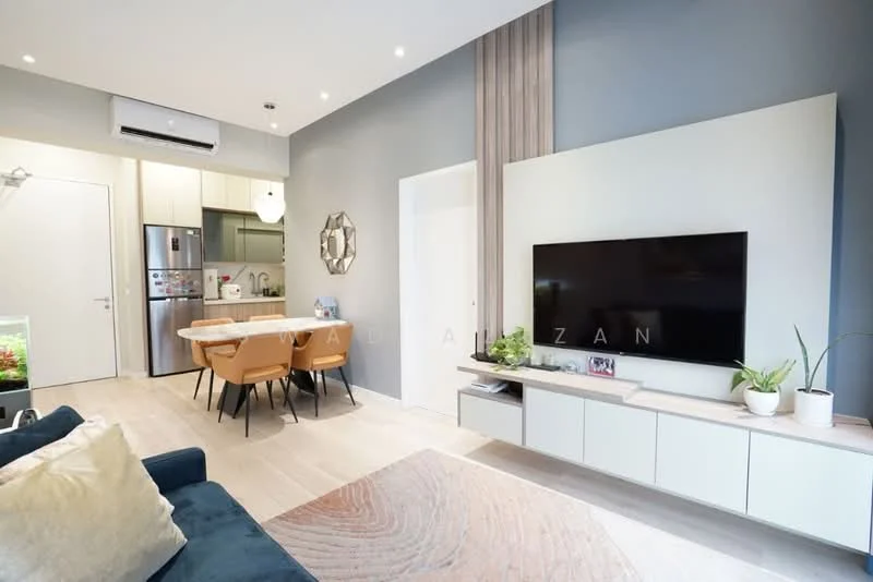 Living features: 3-seater fabric sofa in navy blue, coffee table with circular design, wall-mounted TV, TV console with storage, decorative mirror, wall-mounted plants, recessed downlights, light wood flooring, accent wall with vertical wood panels, air conditioning unit, open-plan layout to dining area; style: modern. Dining features: 6-seater dining table, upholstered dining chairs in beige, pendant lamp above dining table, kitchen area visible in background, refrigerator visible; style: modern.