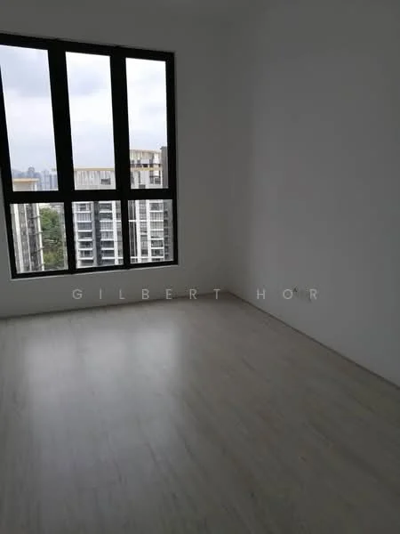 Room features: white painted walls, light wood flooring, floor-to-ceiling windows, black window frames; style: modern; view: city.