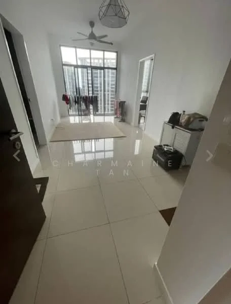 Living features: white painted walls, glossy tile flooring, 5-blade ceiling fan, floor-to-ceiling windows, sheer curtains, area rug, sofa, coffee table, TV console, decorative items on side table; style: modern; view: city. Hallway features: white painted walls, glossy tile flooring, doorway leading to other rooms; style: modern.