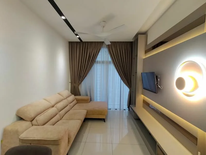 Living features: beige fabric L-shape sectional sofa, floor-to-ceiling windows, sheer curtains, recessed LED downlights, ceiling fan, wall-mounted TV, lighted wall panel, glossy tile flooring, decorative wall with integrated lighting, neutral painted walls, coffee table, area rug; style: modern.