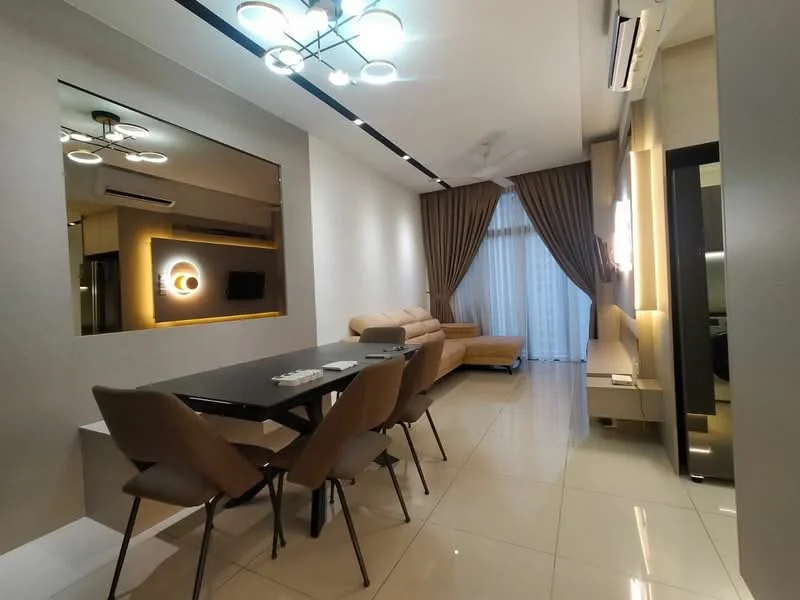 Living features: 3-seater fabric sofa in beige, dining table with 6 chairs, wall-mounted TV, recessed LED downlights, ceiling fan, floor-to-ceiling windows with sheer curtains, light-colored walls, glossy tile flooring, decorative wall panel with lighting, side table, area rug; style: modern.