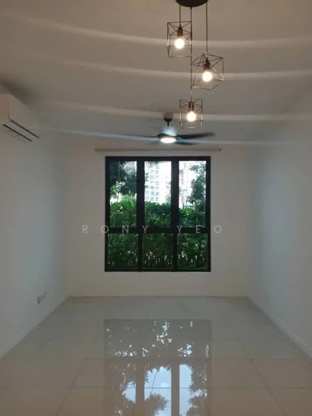 Room features: white painted walls, glossy tile flooring, 5-blade ceiling fan with light, recessed downlights, large windows, window treatments not visible, greenery view outside; style: modern; view: garden.