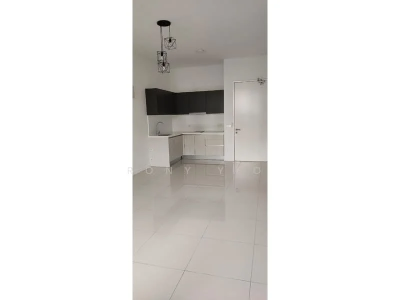 Kitchen features: white painted walls, glossy tile flooring, flat-panel dark cabinetry, light-colored countertop, single-bowl stainless-steel sink, chrome pull-down faucet, recessed downlights, pendant light, built-in oven, freestanding range oven, open layout; style: modern.