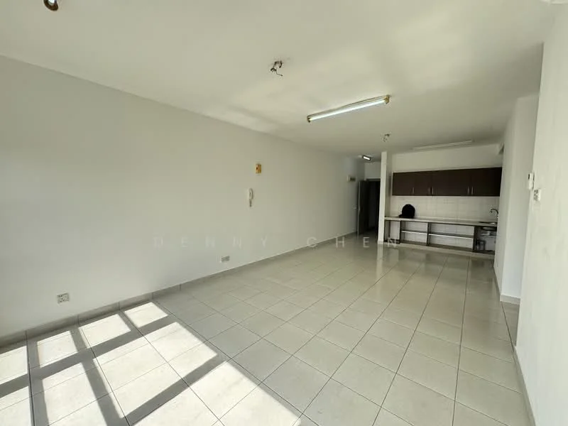 Living features: white painted walls, tile flooring, recessed downlights, large windows allowing natural light, open layout, kitchen area visible in background, no visible furniture, neutral color scheme; style: modern.