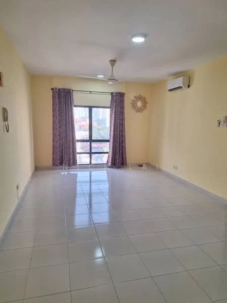 Living features: cream painted walls, glossy white tile flooring, 5-blade ceiling fan with light, floor-to-ceiling windows, curtains in purple fabric, wall-mounted air conditioning unit, decorative wall mirror, natural light from window; style: modern; view: city.
