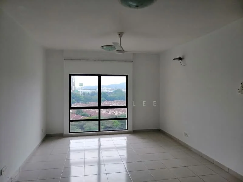 Room features: white painted walls, tile flooring, floor-to-ceiling windows, city view, ceiling fan, natural light, neutral color scheme, no visible furniture; style: modern; view: city.