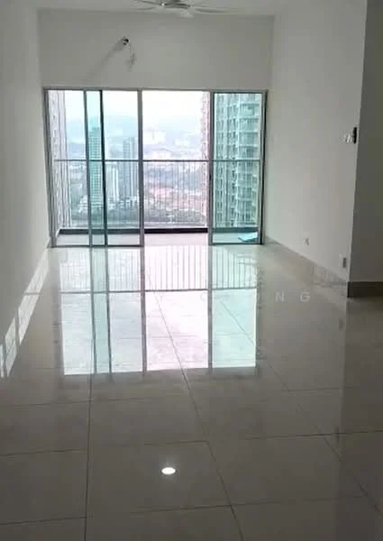 Living features: large floor-to-ceiling windows, sliding glass door, white painted walls, polished ceramic tile flooring, 5-blade ceiling fan, city view, balcony access, recessed downlights; style: modern; view: city.