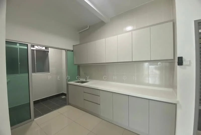 Kitchen features: light grey flat-panel cabinets, white countertop, single-bowl stainless-steel sink, chrome pull-down faucet, ceramic tile flooring, white tiled backsplash, window with green view, glass door to utility area; style: modern.