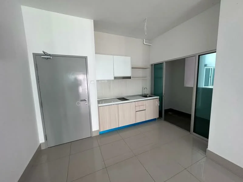 Kitchen features: white cabinetry, grey countertop, single-bowl stainless-steel sink, chrome pull-down faucet, built-in stove, wall-mounted cabinets, tile backsplash, ceramic tile flooring, recessed downlights, floor-to-ceiling windows, sliding glass door to balcony; style: modern.