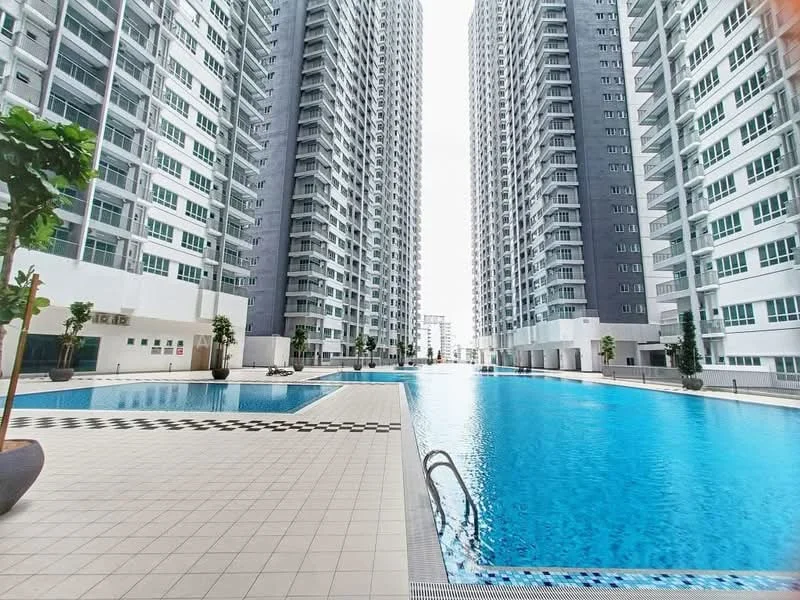 Exterior type: high-rise condominium; features: infinity pool, swimming pool deck, surrounded by high-rise buildings, landscaped garden with trees, tiled pool area, poolside loungers, modern architectural design, multiple residential towers; style: modern.