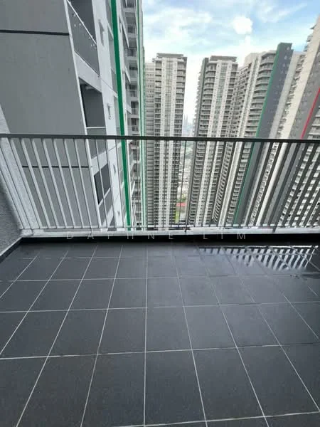 Room features: black tiled flooring, metal railing, high-rise building view, city skyline view; style: modern; view: city.