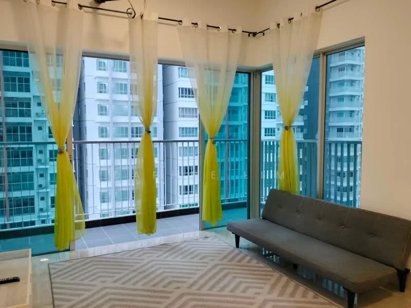 Living features: floor-to-ceiling windows, grey fabric sofa, area rug with geometric pattern, sheer curtains with green accents, balcony access, light-colored walls, neutral flooring, decorative wall, city view; style: modern; view: city.
