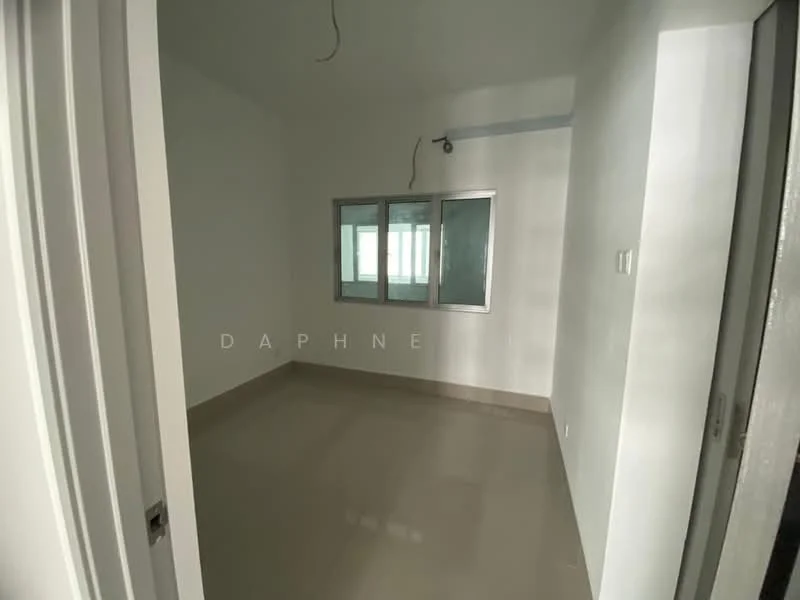 Room features: white painted walls, glossy tile flooring, three-pane windows, no visible ceiling features, no visible lighting fixtures, neutral color scheme, empty space, no furniture; style: modern.