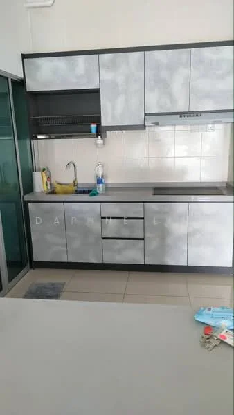 Kitchen features: grey laminate cabinetry, stainless-steel sink, chrome pull-down faucet, black countertop, white tiled backsplash, built-in oven, freestanding range oven, ceramic tile flooring, recessed downlights, open shelving, dish soap dispenser, banana holder, cleaning supplies, kitchen towel; style: modern.