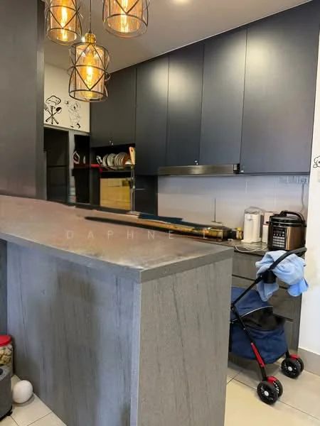 Kitchen features: grey stone countertop, dark blue cabinetry, stainless-steel appliances, built-in oven, freestanding range oven, microwave, pendant lighting with glass shades, open shelving, tile backsplash, floor tiles, kitchen island, kitchen utensils visible, stroller in corner; style: modern.