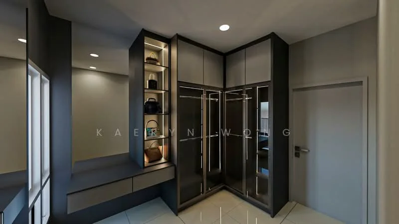Room features: built-in cabinetry with glass doors, open shelving for display, mirrored surfaces, grey cabinetry, white walls, recessed ceiling lights, tile flooring, hanging storage for bags, door to adjacent room; style: modern.