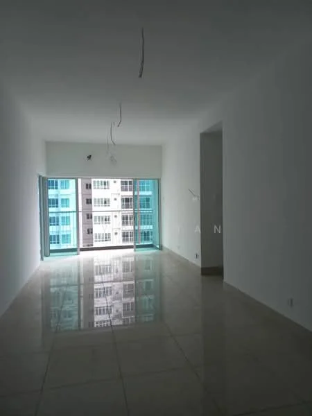 Living features: white painted walls, marble tile flooring, floor-to-ceiling windows, city view, recessed downlights, hanging light fixtures, open layout, neutral color palette; style: modern; view: city.
