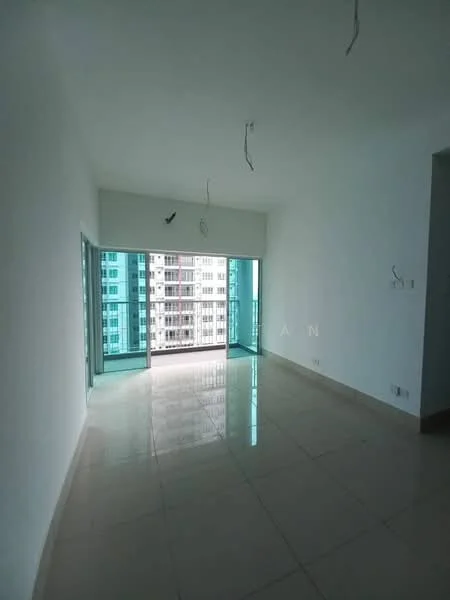 Room features: white painted walls, glossy tile flooring, floor-to-ceiling windows, sliding glass door, city view, ceiling lights, neutral color scheme; style: modern; view: city.
