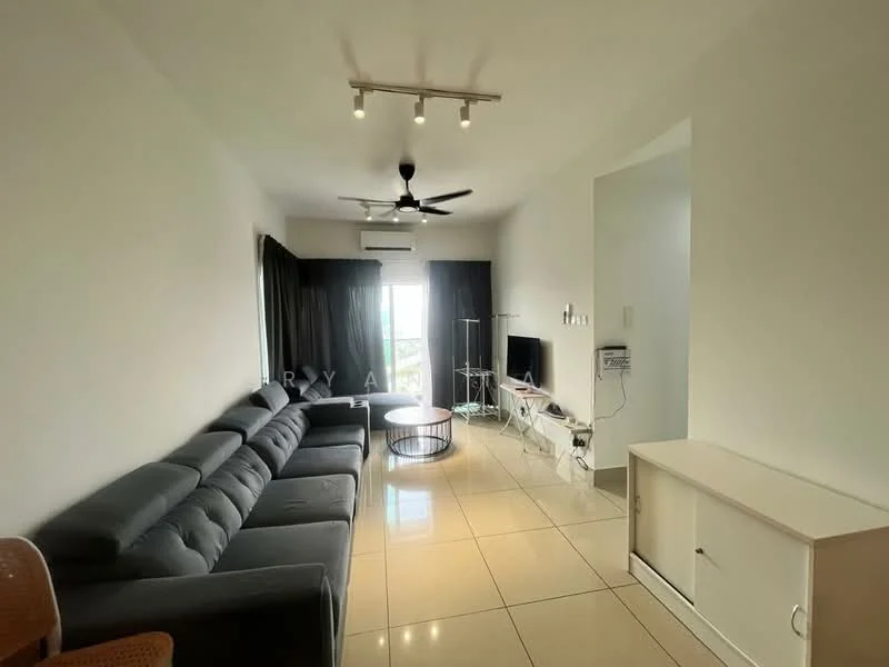 Living features: grey fabric L-shape sectional sofa, round coffee table with black metal frame, wall-mounted TV, white TV console, floor-to-ceiling windows, blackout curtains, 5-blade ceiling fan with light, cream tiled flooring, air conditioning unit; style: modern; view: city.