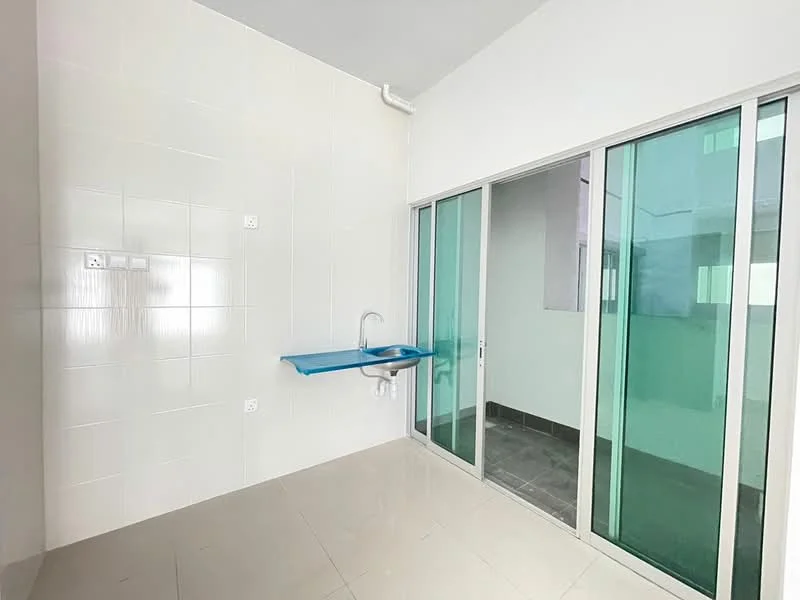 Laundry features: white tiled walls, grey floor tiles, stainless-steel sink, blue countertop, sliding glass door, floor-to-ceiling windows, natural light, balcony view; style: modern.