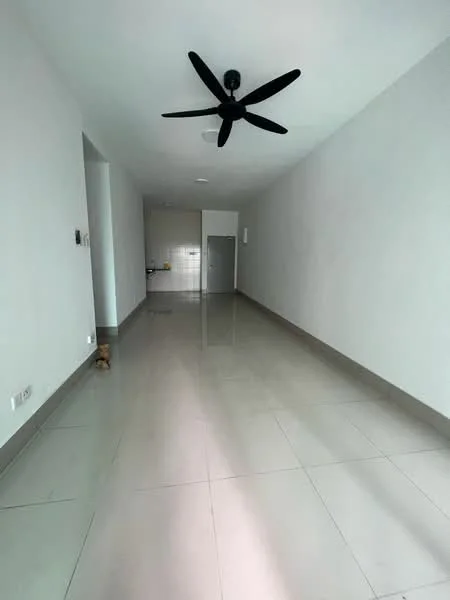 Room features: white painted walls, polished ceramic tile flooring, 5-blade ceiling fan, recessed downlights, open layout, kitchen area visible in the background; style: modern.