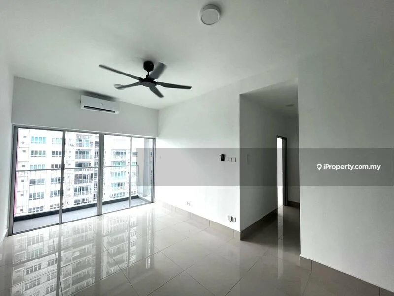 Living features: white painted walls, polished ceramic tile flooring, 5-blade ceiling fan, floor-to-ceiling windows, sliding glass door, balcony access, wall-mounted split AC; style: modern; view: city.
