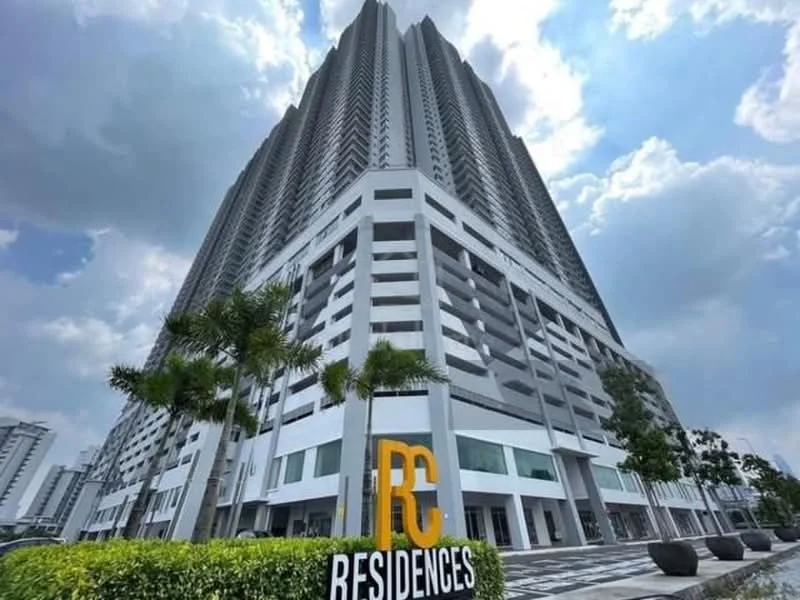 Exterior type: high-rise condominium; features: glass curtain wall, white painted facade, recessed balconies, multiple storeys, landscaped entrance, paved walkway, signage at entrance; style: modern.