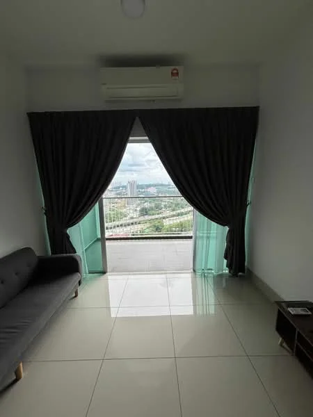 Living features: grey fabric sofa, floor-to-ceiling windows, sliding glass door, curtains in dark grey, white painted walls, glossy tile flooring, wall-mounted split AC, small wooden side table; style: modern; view: city.