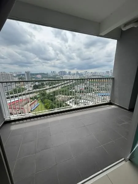 Balcony features: grey tiled flooring, metal railing, city skyline view, overcast sky, spacious layout; style: modern; view: city.