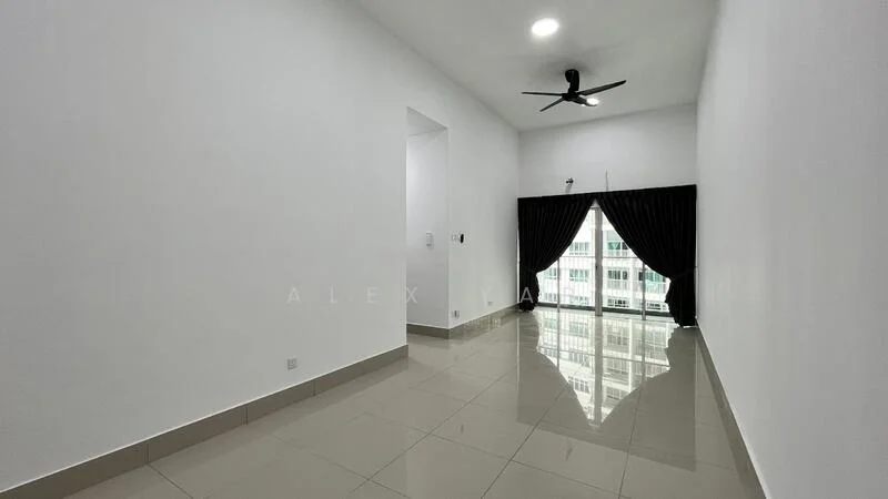 Living features: white painted walls, polished ceramic tile flooring, 5-blade ceiling fan with light, floor-to-ceiling windows, blackout curtains, natural light from windows, minimalist decor; style: modern; view: city.