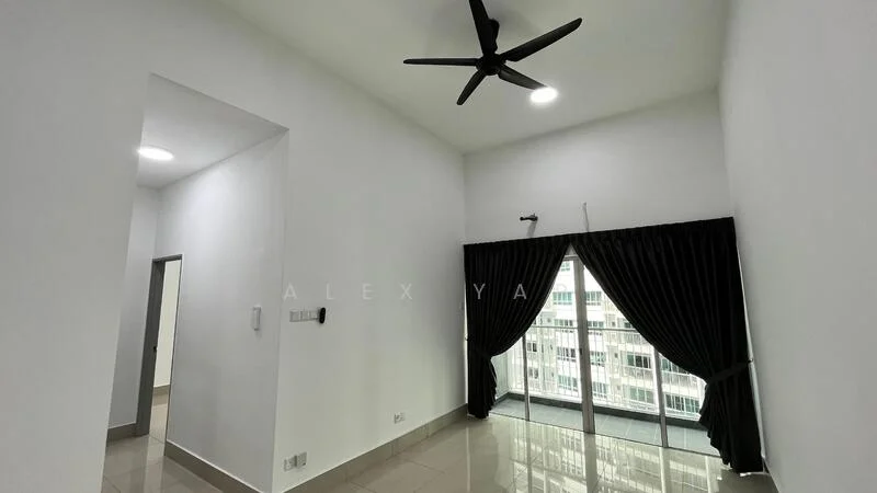 Room features: white painted walls, glossy tile flooring, 5-blade ceiling fan, floor-to-ceiling windows, blackout curtains, recessed LED downlights; style: modern; view: city.