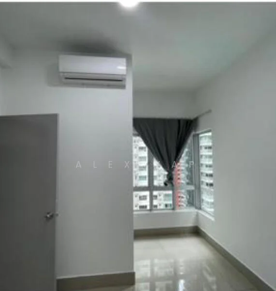 Room features: white painted walls, grey tiled flooring, floor-to-ceiling windows, curtains, 1 wall-mounted split AC, light fixture in ceiling; style: modern; view: city.