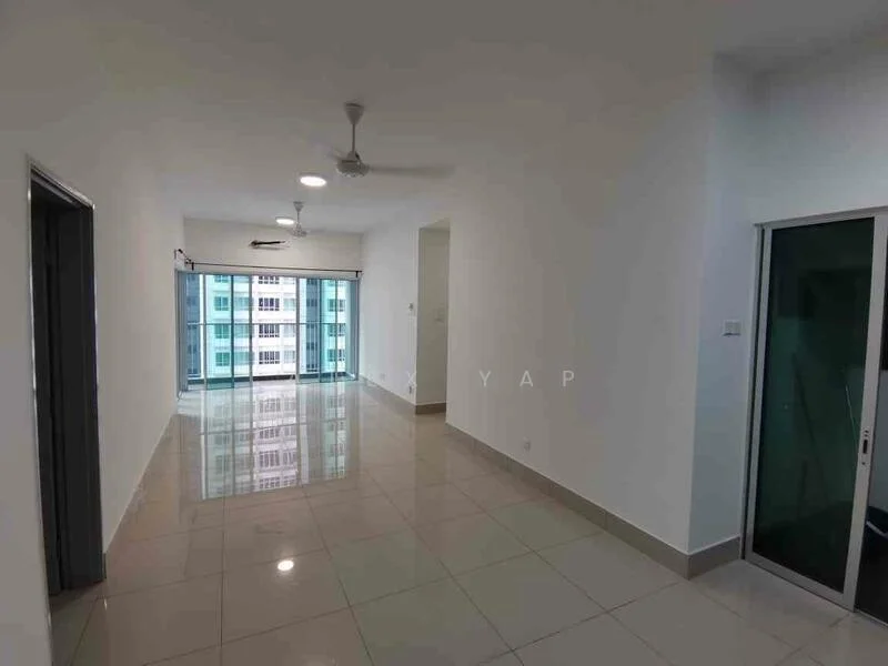 Room features: white painted walls, glossy ceramic tile flooring, ceiling fan, large windows, sliding glass door, natural light, neutral color scheme, open layout; style: modern; view: city.