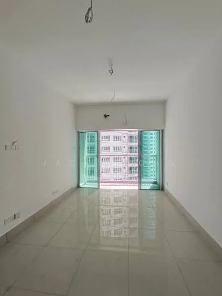 Living features: white painted walls, polished ceramic tile flooring, floor-to-ceiling windows, natural light from windows, hanging light fixtures, no visible furniture, open layout, city view from windows; style: modern; view: city.