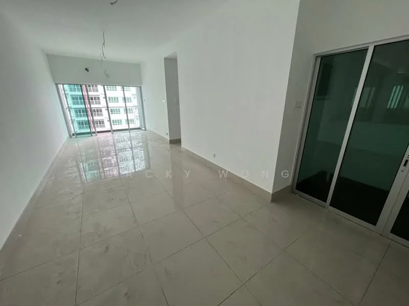 Room features: white painted walls, glossy ceramic tile flooring, floor-to-ceiling windows, sliding glass door, natural light, neutral color scheme, minimalist design, open layout; style: modern; view: city.