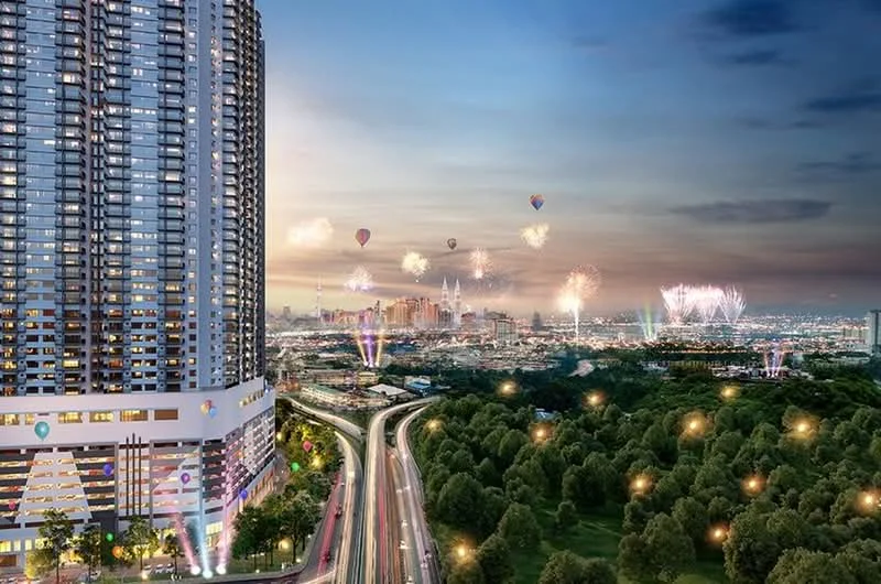 Exterior type: high-rise condominium; features: glass curtain wall facade, recessed balconies, feature lighting at night, approximately 30-storey high-rise, surrounded by mature greenery, urban skyline view in background, near highway, landscaped garden area, parking deck, outdoor amenities visible; style: modern.