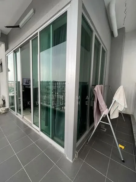 Room features: glass sliding doors, grey tiled flooring, metal railing, green sheer curtains, exposed ceiling, laundry rack, balcony space; style: modern; view: city.