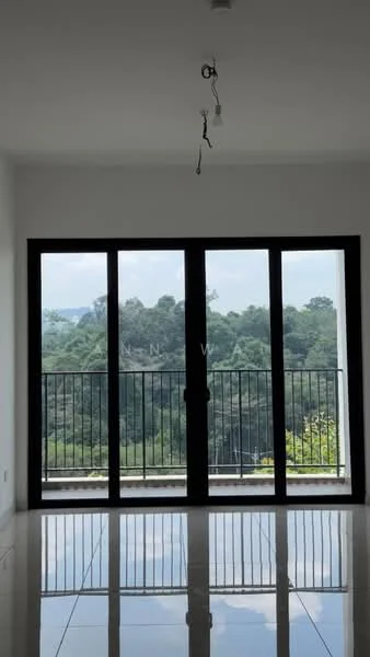 Room features: floor-to-ceiling windows, black sliding glass door, white walls, polished tile flooring, mountain view, balcony access, ceiling with exposed wiring; style: modern; view: mountain.