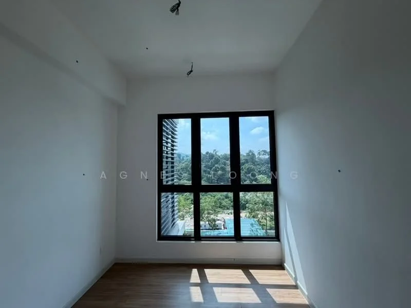Room features: white painted walls, laminate flooring, floor-to-ceiling windows, view of greenery, natural light, two ceiling lights; style: modern; view: garden.