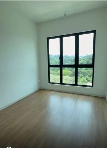 Bedroom features: light wood laminate flooring, white painted walls, large floor-to-ceiling window, black window frames, view of greenery; style: modern; view: garden.