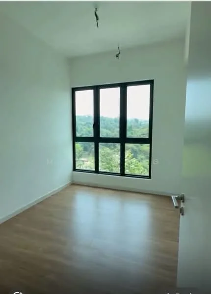 Room features: white painted walls, wooden flooring, large floor-to-ceiling windows, black window frames, view of greenery, two hanging light fixtures, minimalist design, no visible furniture; style: modern; view: garden.