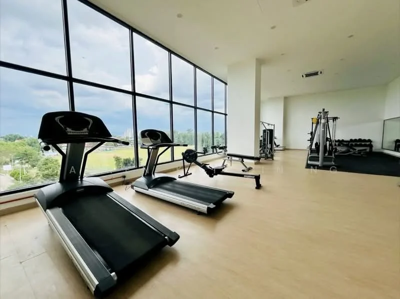 Gym features: large floor-to-ceiling windows, treadmill, elliptical machine, weightlifting bench, free weights, rubber flooring, mirrored wall, overhead lighting, air conditioning unit; style: modern; view: garden.
