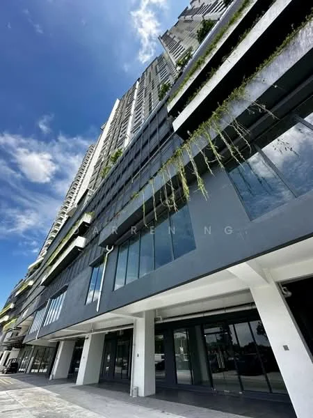 Exterior type: high-rise condominium; features: glass curtain wall, black painted facade, recessed balconies, vertical fins, landscaping with greenery, multiple storeys, large windows, concrete structure; style: modern.