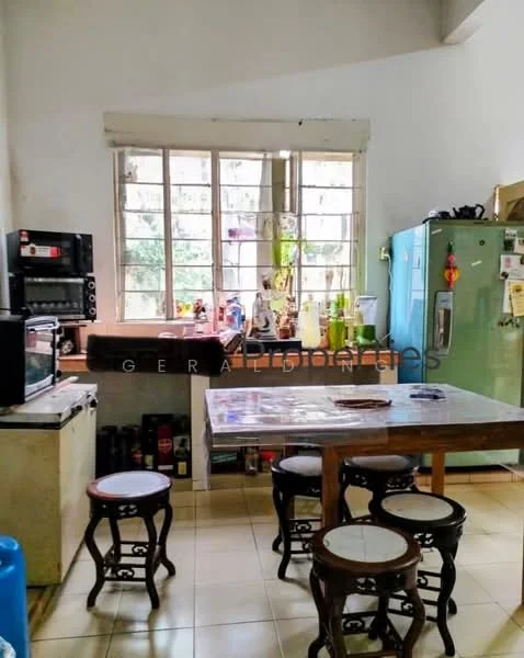 Kitchen features: white walls, tile flooring, wooden dining table, 4 wooden stools, green refrigerator, microwave, coffee machine, kitchen cabinets, window with multiple panes, decorative items on windowsill, countertop, sink, stove, kitchen appliances; view: garden.