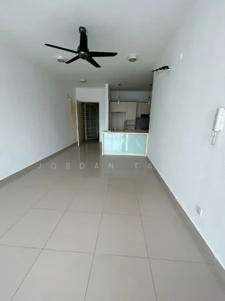 Living features: white painted walls, glossy ceramic tile flooring, 5-blade ceiling fan, recessed downlights, open layout, doorway leading to kitchen, large windows for natural light, neutral color scheme; style: modern.