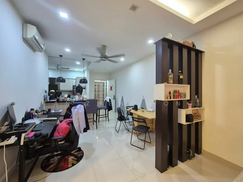 Living features: white painted walls, glossy tile flooring, recessed downlights, 5-blade ceiling fan, dining table with chairs, computer desk with monitors, open shelving unit, decorative items on shelving, kitchen area visible in background, black and white color scheme, area rug with circular pattern; style: modern.