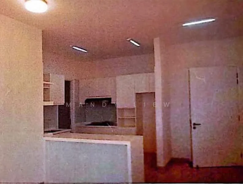 Kitchen features: white cabinetry, open shelving, countertop, built-in oven, stainless-steel sink, chrome faucet, recessed lighting, neutral wall colour, tile flooring; style: modern.