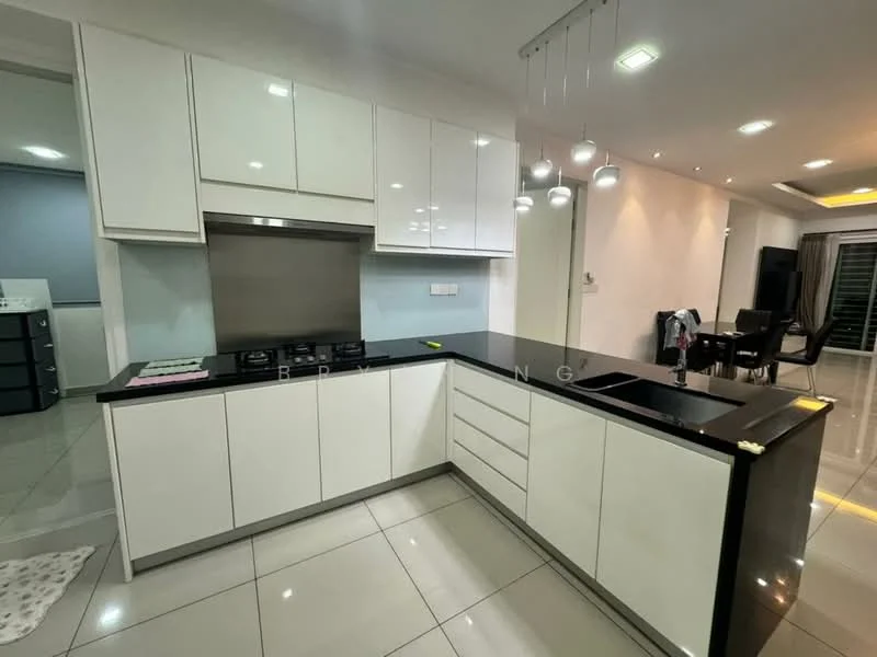 Kitchen features: white flat-panel cabinets, black granite countertop, stainless-steel gas hob, built-in oven, double-bowl stainless-steel sink, chrome pull-down faucet, white tiled backsplash, recessed LED downlights, pendant lighting, ceramic tile flooring, open layout to living area; style: modern.